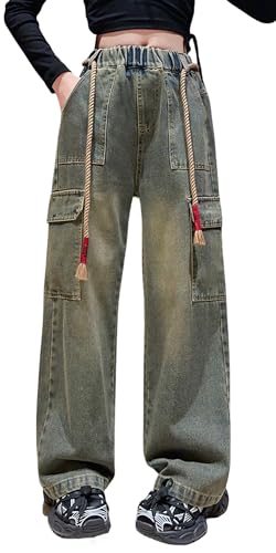 Adigau Mädchen Jeans Baggy Cargo Hoher Taille Straight Jeans Breites Bein Kinder Denim Hose Vintage Streetwear Hose Stil 3 13-14 Jahre von Adigau