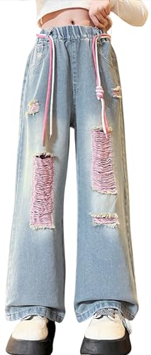 Adigau Mädchen Jeans Baggy Cargo Hoher Taille Straight Jeans Breites Bein Kinder Denim Hose Vintage Streetwear Hose Stil 6 13-14 Jahre von Adigau
