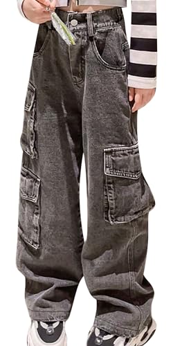 Adigau Mädchen Jeanshosen Baggy Cargo Hose Elastisch Hohe Taille Kinder Denim Hose Weitem Bein Jeans Hose Streetwear mit Taschen A1 11-12 Jahre von Adigau