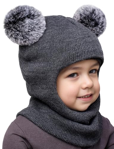 Adigau Mädchen Jungen Schalmütze Strickmütze Mit Bommel Winter Warm Weiches Strickmützen Schlupfmütze Schalmütze Fleecefutter Beanie Mütze Kleinkind Winter Beanie Set Grau von Adigau