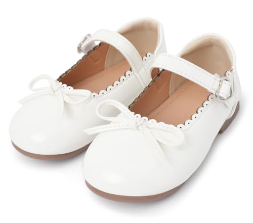 Adigau Mädchen Kleiderschuhe Glitzer Mary Jane Schulschuhe rutschfest Geburts Schuhe Klettverschluss Flache Lederschuhe Weiß 26 EU von Adigau