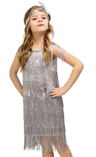 Adigau Mädchen Latein Tanzkleider mit Stirnband Charleston Kleid Kinder Walzer Tango Swingtanz Party Salsa Quasten Wettkampf Mädchen A1 7-9 Jahre von Adigau