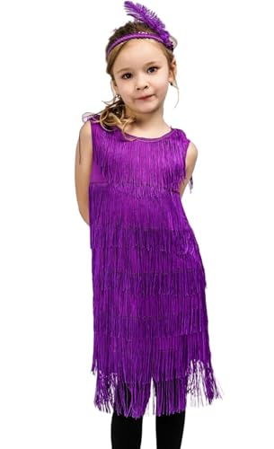 Adigau Mädchen Latein Tanzkleider mit Stirnband Charleston Kleid Kinder Walzer Tango Swingtanz Party Salsa Quasten Wettkampf Mädchen A2 4-6 Jahre von Adigau