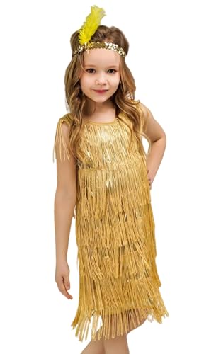 Adigau Mädchen Latein Tanzkleider mit Stirnband Charleston Kleid Kinder Walzer Tango Swingtanz Party Salsa Quasten Wettkampf Mädchen A3 4-6 Jahre von Adigau