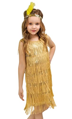 Adigau Mädchen Latein Tanzkleider mit Stirnband Charleston Kleid Kinder Walzer Tango Swingtanz Party Salsa Quasten Wettkampf Mädchen A3 7-9 Jahre von Adigau