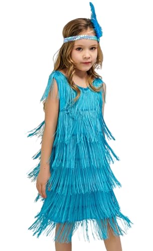 Adigau Mädchen Latein Tanzkleider mit Stirnband Charleston Kleid Walzer Tango Swingtanz Party Salsa Quasten Wettkampf Mädchen A4 10-12 Jahre von Adigau