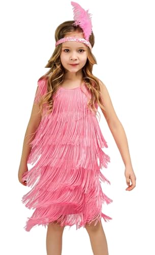 Adigau Mädchen Latein Tanzkleider mit Stirnband Charleston Kleid Kinder Walzer Tango Swingtanz Party Salsa Quasten Wettkampf Mädchen A6 7-9 Jahre von Adigau