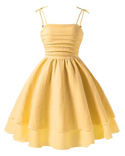 Adigau Mädchen Sommer Kleid Ärmelloses Schulterfrei Kleider Solide A-Linien Sonnenkleid Klassiker Lagenweise Partykleid Gelb 12 Jahre von Adigau