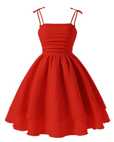 Adigau Mädchen Sommerkleid Ärmelloses Spaghettiträger Kleid Solide Gerüscht Schulterfrei Sonnenkleid A-Linien Kleider Rot 12 Jahre von Adigau