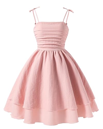 Adigau Mädchen Sonnenkleid Schulterfrei Ärmelloses Kleider A-Linien Geburtstag Sommerkleid Solide Spaghettiträger Kleid Rosa 10 Jahre von Adigau