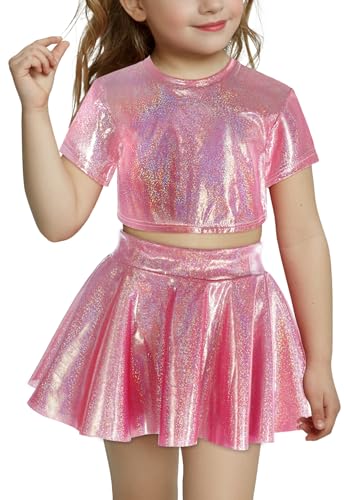 Adigau Mädchen Tanz Kostüm Jungen Kinder Hip Hop Laser Straßentanz Street Dance Kostüm Metallic Crop Top Rock Shorts Halloween Karneval Party Cosplay futuristischer Performance von Adigau