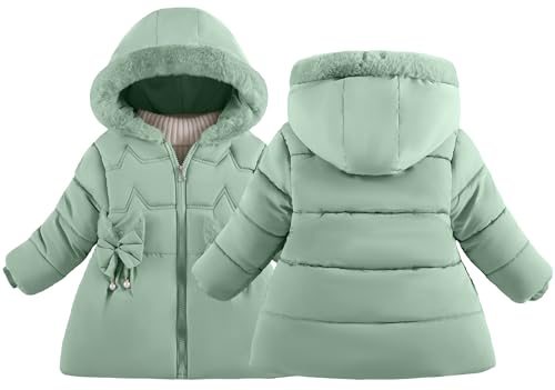 Adigau Mädchen Warm Vlies Baumwolljacke Fleecefutter Mittellange Baumwollmantel Winter Baumwollefutter Kapuzenjacke Verdicken Daunenmantel mit Fellkapuze Grün 2-3 Jahre von Adigau