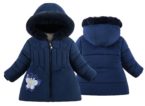 Adigau Mädchen Warm Winddicht Freizeitjacke Fleecefutter Wärme Übergangsjacke Winter Vlies Warmejacke Verdicken Mittellange ParkaJacke Dunkelblau 2-3 Jahre von Adigau
