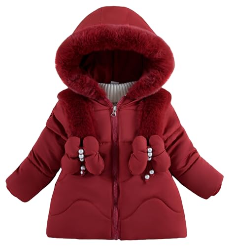 Adigau Mädchen Warm Winddichter Parka Fleecefutter Kälteschutz Jacke Winter Dicke Kinderjacke Verdicken Klassische Daunenjacke mit Schmetterling Rot 2-3 Jahre von Adigau