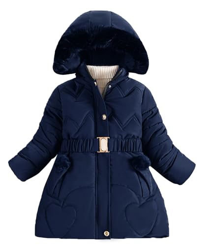 Adigau Mädchen Warme Medium Länge Kapuzenjacke Fleecefutter Verdicken Baumwolle Softshelljacke Gefüttert Outdoor Kindermantel Winter Gepolsterte Wintermäntel Marineblau 8-9 Jahre von Adigau