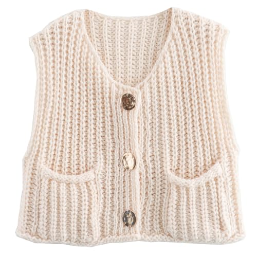Adigau Pullunder Damen Ärmellos mit Taschen Kurz Knopfleiste Strickjacke Strickweste Strick Tank Top Bolerojacke Kurzarm Cardigan V-Ausschnitt Elegant Casual Sweater Weiß S von Adigau