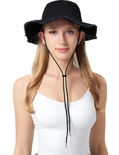 Adigau Sonnenhut Damen Fischerhut mit Kinnriemen Atmungsaktive Sommerhut Breitkrempe Anglerhut Baumwol Packable Hut Wanderhut für Wandern Klettern Angeln Reisen Ausgehen Schwarz von Adigau