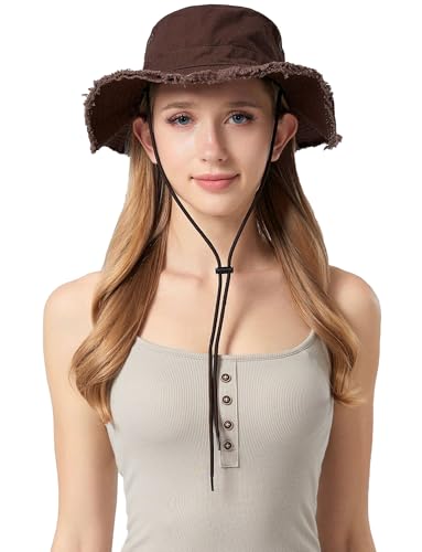 Adigau Sonnenhut Damen Fischerhut mit Kinnriemen Atmungsaktive Wandermütze Baumwol Packable Hut Breitkrempe Outdoor Anglerhut für Wandern Klettern Angeln Reisen Ausgehen Braun von Adigau