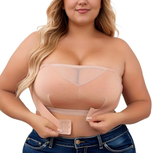Adigau Trägerlos BH Damen Große Größen Bügellos Bandeau Top Ungepolstert Atmungsaktiv Dehnbar Minimizer Bralette mit Vordere Schnalle Beige XL von Adigau