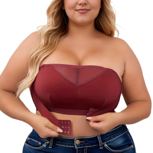 Adigau Trägerlos BH Damen Große Größen Bügellos Bandeau Top Ungepolstert Atmungsaktiv Dehnbar Minimizer Bralette mit Vordere Schnalle Rot XL von Adigau