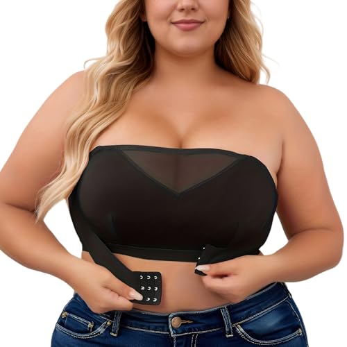 Adigau Trägerlos BH Damen Große Größen Bügellos Bandeau Top Ungepolstert Atmungsaktiv Dehnbar Minimizer Bralette mit Vordere Schnalle Schwarz 4XL von Adigau