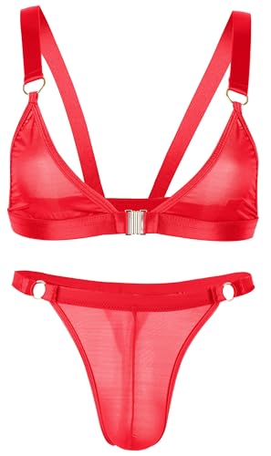Adigau Transparent Herren Sissy Dessous Set Vorne Offener BH mit G String 2PC Erotik Unterwäsche Gay Schlafanzug Männer Reizwäsche Rot M von Adigau
