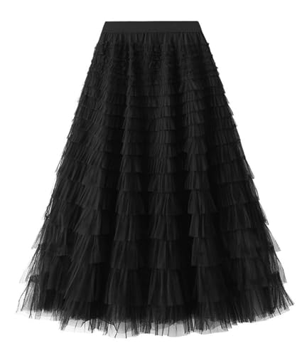 Adigau Tüllrock für Mädchen Elastische Taillie Langer Netzröcke A-Linien Mode Rock Weich Elegant Maxirock Schwarz 9-10 Jahre von Adigau