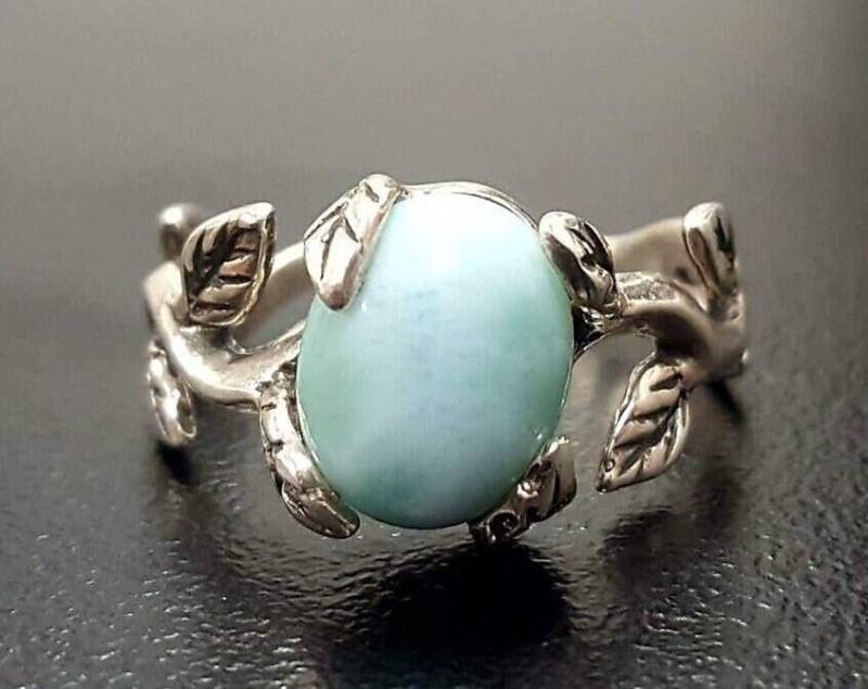 Blaue Blume Ring, Natürlicher Larimar, Blattsilber Handwerker Rose Zierliche Blaue März Geburtsstein, Juwel Von Atlantis von AdinaStone