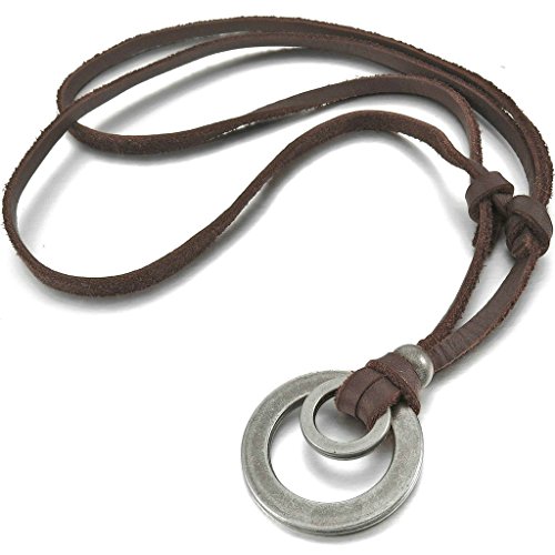 Adisaer Leder Kette Herren Damen Halskette mit Anhänger Doppel Ringe Anhänger Lederhalskette Vintage Gothic Braun von Adisaer