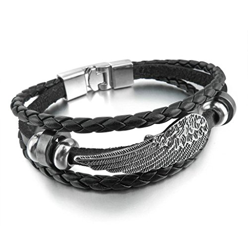 Adisaerl Lederarmbänder Herren Schwarz Silber Engel Flügel Edelstah Feather Geflochten Armreifen Charms Armband Biker von Adisaer