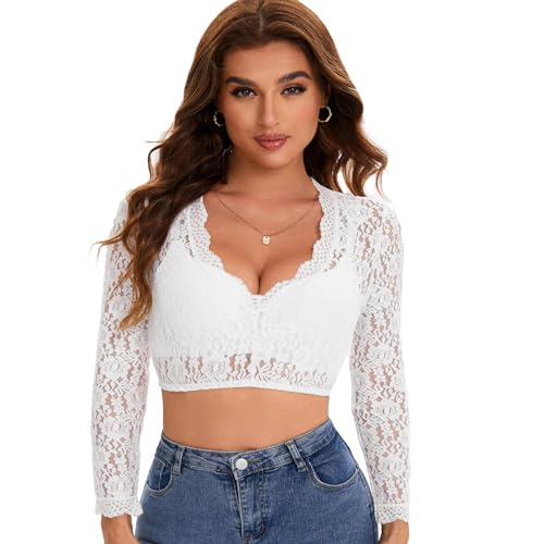 Adisno Dirndl Bluse Damen,Dirndlbluse,Dirndl Bluse,Dirndlbluse Spitze,Elegante Langärmelige Dirndlbluse mit V-Ausschnitt (DE/NL/SE/PL, Numerisch, 42, Regular, Regular, Weiß) von Adisno