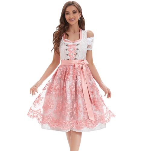 Adisno Dirndlkleider Bayerische Kleider Traditionelle Oktoberfest Outfits Frauen Deutsche Kostüme für Oktoberfest Frauen Karneval Rosa (DE/NL/SE/PL, Numerisch, 42, Regular, Regular, Rosa) von Adisno