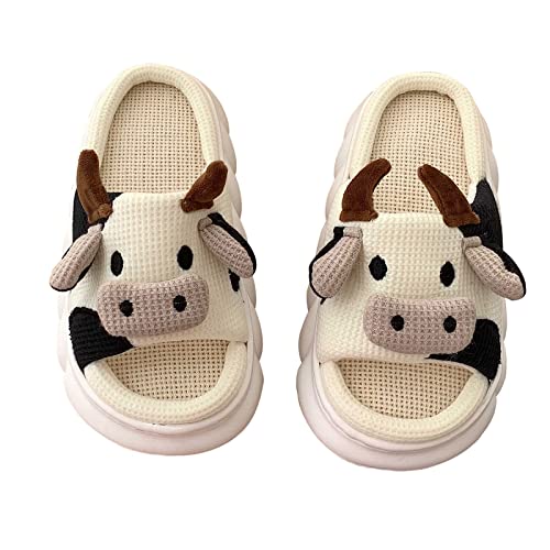 Adisputent Cartoon Kuh Hausschuhe Damen Herren, Kawaii Tiere Rutschfeste Linen Slippers, Niedliche Kuschelige Stumme Haus Slides, Kuh Schuhe Linen- Kuh 35-36 von Adisputent