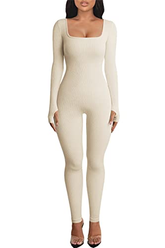 Adisputent Damen Jumpsuit Lang Sport Yoga Eng Bodysuit Gerippter One Piece Bodycon Overall Playsuits Slim Fit Strampler Sportanzug Kuschelig Sexy Stretch Ripped Sportkleidung Beige S von Adisputent