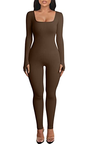 Adisputent Damen Jumpsuit Lang Sport Yoga Eng Bodysuit Gerippter One Piece Bodycon Overall Playsuits Slim Fit Strampler Sportanzug Kuschelig Sexy Stretch Ripped Sportkleidung Kaffee S von Adisputent