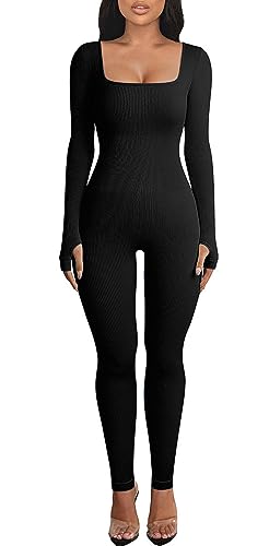 Adisputent Damen Jumpsuit Lang Sport Yoga Eng Bodysuit Gerippter One Piece Bodycon Overall Playsuits Slim Fit Strampler Sportanzug Kuschelig Sexy Stretch Ripped Sportkleidung Schwarz L von Adisputent