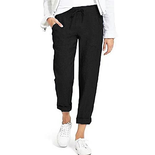 Adisputent Damen Leinenhose 7/8 Länge Freizeithose Einfarbige Sommer Hose Elastischer Bund Leicht Bequem Trainingshose Sweathose Strandhose mit Taschen von Adisputent