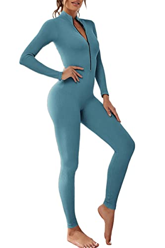 Adisputent Damen Sport Jumpsuit Lang Eng Yoga Bodysuit Overall mit Reißverschluss V-Ausschnitt Playsuits Bodycon Strampler Sportanzug Jogginganzug Slim Fit Kuschelig Trainingsanzug Blau L von Adisputent