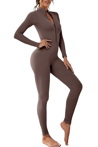 Adisputent Damen Sport Jumpsuit Lang Eng Yoga Bodysuit Overall mit Reißverschluss V-Ausschnitt Playsuits Bodycon Strampler Sportanzug Jogginganzug Slim Fit Kuschelig Trainingsanzug Kaffee M von Adisputent