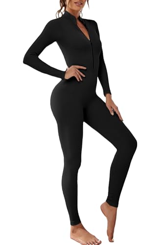 Adisputent Damen Sport Jumpsuit Lang Eng Yoga Bodysuit Overall mit Reißverschluss V-Ausschnitt Playsuits Bodycon Strampler Sportanzug Jogginganzug Slim Fit Kuschelig Trainingsanzug Schwarz L von Adisputent