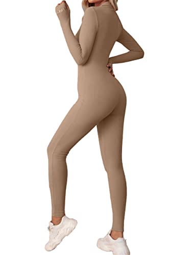 Adisputent Damen Sport Jumpsuit Lang Eng Yoga Bodysuit Overall mit Reißverschluss V-Ausschnitt Playsuits Bodycon Strampler Sportanzug Jogginganzug Slim Fit Kuschelig Trainingsanzug Zip Khaki M von Adisputent