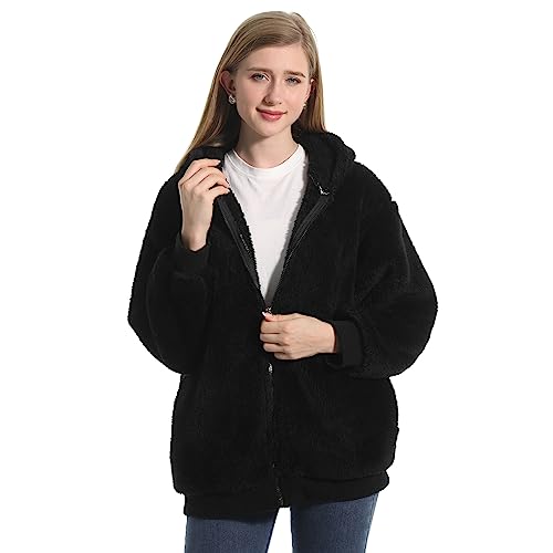 Adisputent Damen Warme Fleecejacke Fuzzy Fluffy Hoodie Kapuzenjacke Plüsch Sweatshirt Pullover Jacken Plüschjacke Winter Full Zip Hoodie mit Kapuze Fleece-Schwarz L von Adisputent