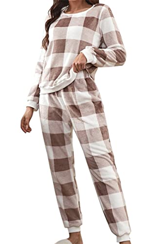 Adisputent Fleece Schlafanzug Damen Zweiteiliger Verdickt Warm Flanell Langarm Pyjama Set Plüsch Nachtwäsche Herbst Winter Sleepwear Kuschelig Loungewear Rundhals Hausanzug A-Khaki S von Adisputent