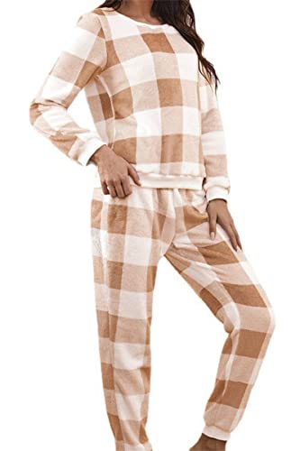 Adisputent Fleece Schlafanzug Damen Zweiteiliger Verdickt Warm Flanell Langarm Pyjama Set Plüsch Nachtwäsche Herbst Winter Sleepwear Kuschelig Loungewear Rundhals Hausanzug A-Orange L von Adisputent