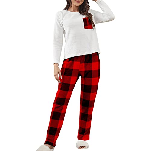 Adisputent Fleece Schlafanzug Damen Zweiteiliger Verdickt Warm Flanell Langarm Pyjama Set Plüsch Nachtwäsche Herbst Winter Sleepwear Kuschelig Loungewear Rundhals Hausanzug A-Rot1 L von Adisputent