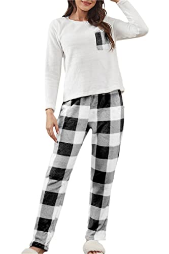 Adisputent Fleece Schlafanzug Damen Zweiteiliger Verdickt Warm Flanell Langarm Pyjama Set Plüsch Nachtwäsche Herbst Winter Sleepwear Kuschelig Loungewear Rundhals Hausanzug A-Schwarz1 L von Adisputent