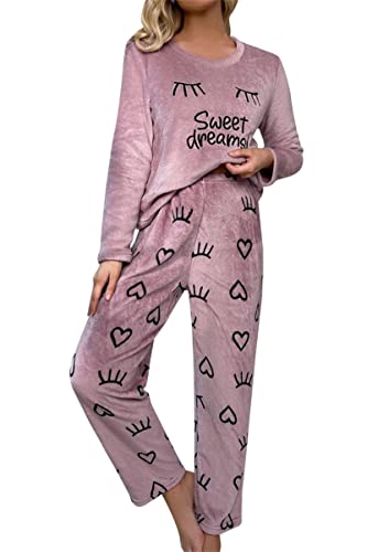 Adisputent Fleece Schlafanzug Damen Zweiteiliger Verdickt Warm Flanell Langarm Pyjama Set Plüsch Nachtwäsche Herbst Winter Sleepwear Kuschelig Loungewear Rundhals Hausanzug B-Lila L von Adisputent