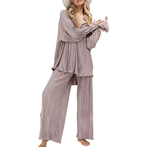 Adisputent Plissee Loungewear Set Damen Outfit 2 Teilig Button Down Bluse Langarm Hohe Taille Weites Bein Hosen Sets Hose mit Top Elegant Streetwear Sommer Lilagrau1 XL von Adisputent