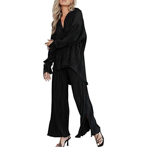 Adisputent Plissee Loungewear Set Damen Outfit 2 Teilig Button Down Bluse Langarm Hohe Taille Weites Bein Hosen Sets Hose mit Top Elegant Streetwear Sommer Schwarz1 XL von Adisputent