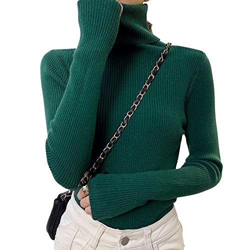 Adisputent Rollkragenpullover Damen Basic Elastisch Pullover Slim Fit Langarm Strickpullover Elastisch Weich Gerippt Strickpulli Casual Sweater Langarmshirt Warm Pulli Sweater Grün von Adisputent